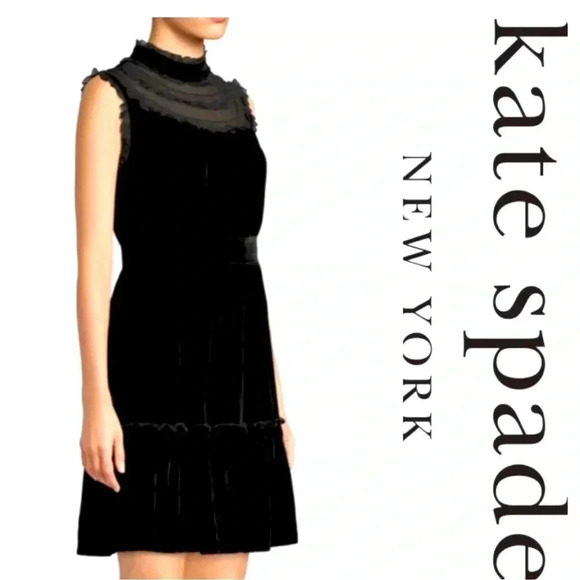 KATE SPADE BLACK VELVET DRESS MIDI RUFFLE SLEEVELESS HOLIDAY NWT SIZE 8 MEDIUM - Picture 2 of 11